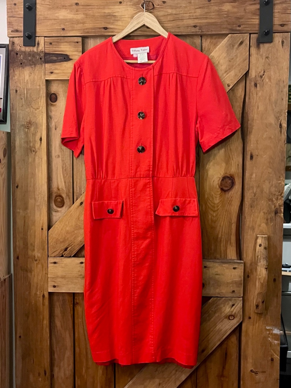 Vintage Tiffany Taylor Red Linen Viscose Button Front Midi Dress Made in Canada